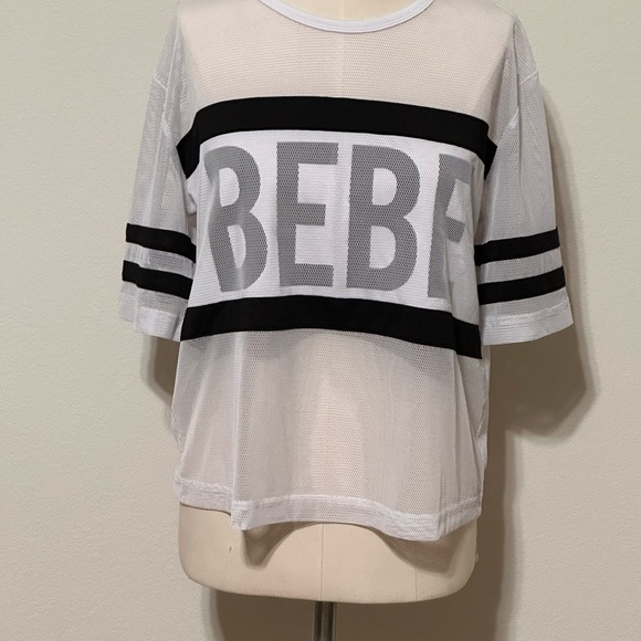 Bebe Women's White and Black Mesh Top Y2K Size Medium NWOT - Picture 1 of 5